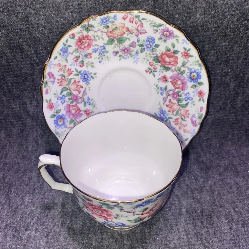 Vintage Crown Staffordshire Bone China England Cup & Saucer Springtime‎ Pattern